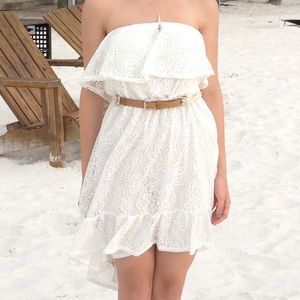 White lace strapless high-low dress with belt